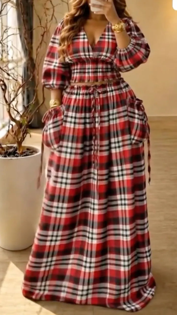 Black-and-White Plaid Puff-Sleeve Crop Top & Wide-Leg Pants Set
