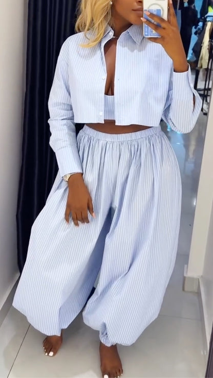 Women's Striped Lapel 3-piece Set