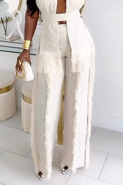 Women's Linen Textured Fringe Trim Halter Vest and Pants