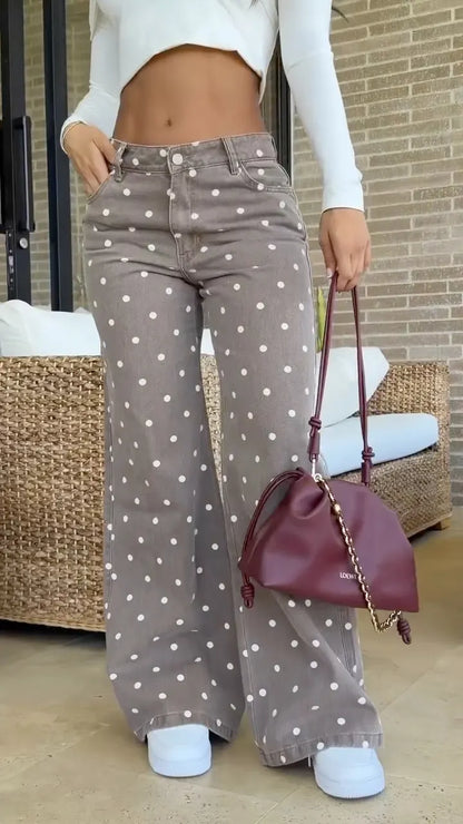 Taupe Polka-Dot High-Waisted Wide-Leg Jeans