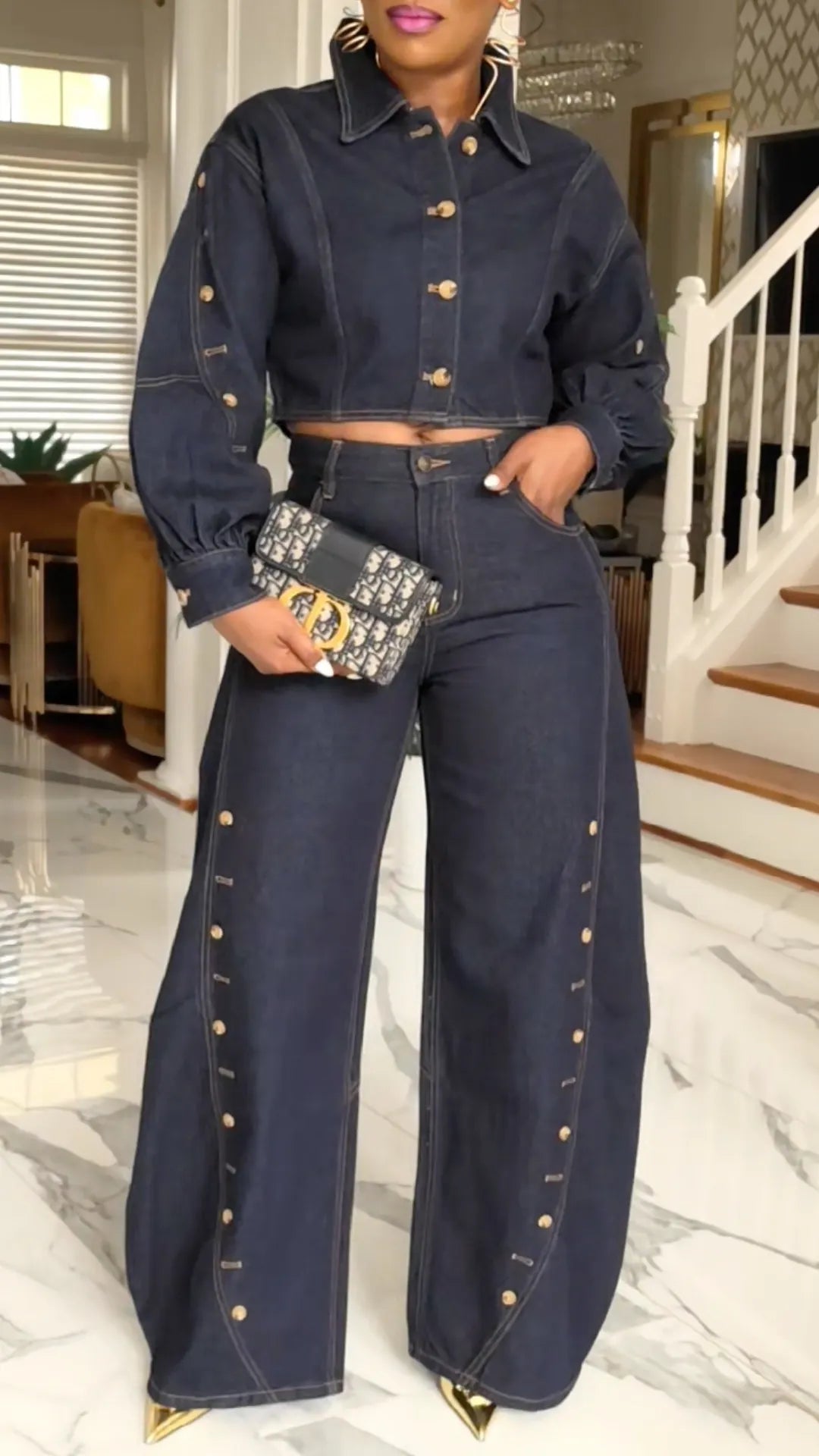 Dark Denim Gold-Button Cropped Jacket & Wide-Leg Jeans Set