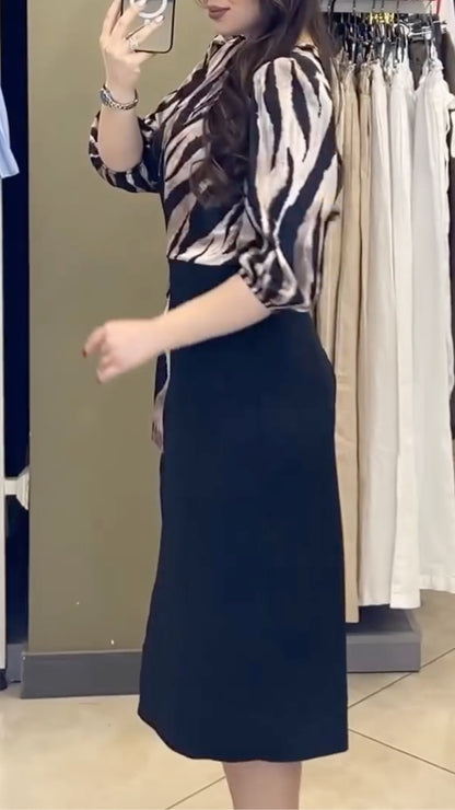 Zebra-Print Wrap-Bodice Contrast Pencil Midi Dress