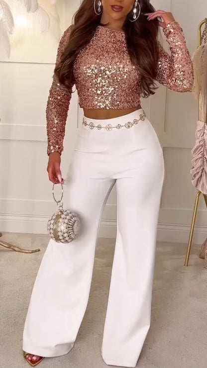 Rose Gold Sequin Long-Sleeve Crop Top & Pants Set