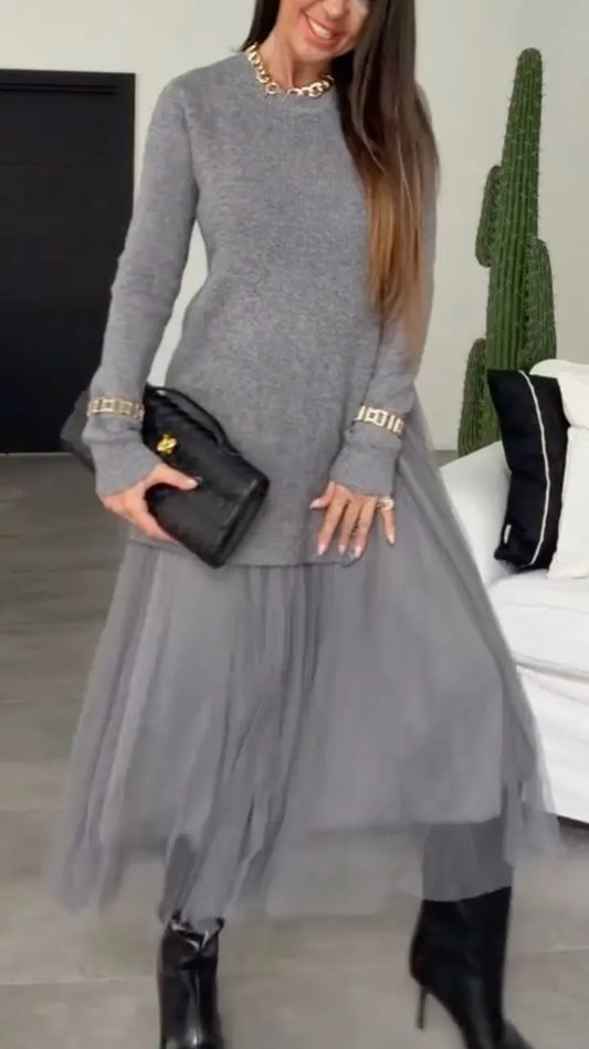 Gray Knit & Sheer Tulle-Hem Midi Dress
