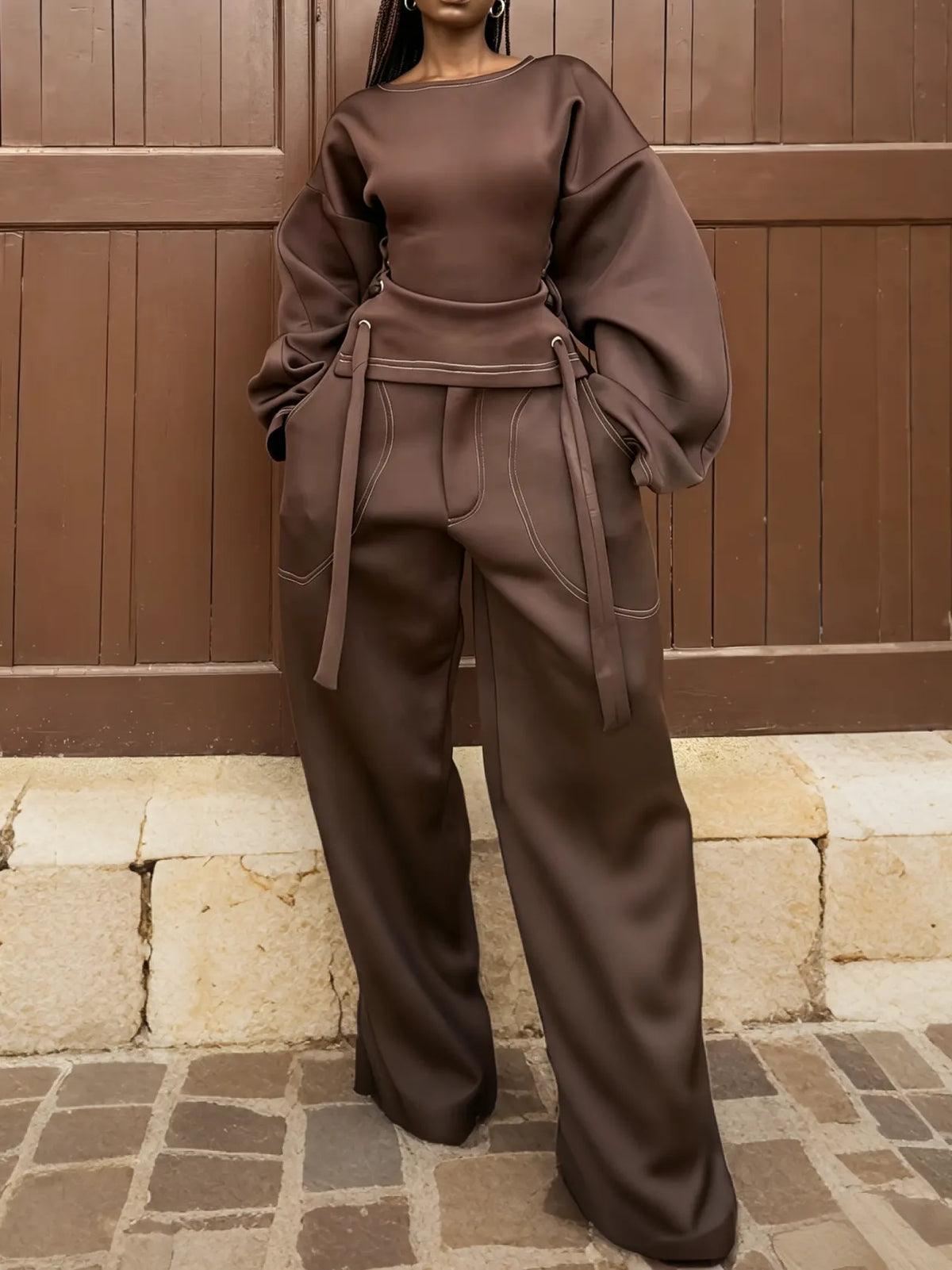 Chocolate Sculpted Top & Wide-Leg Pants Set