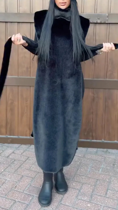 Black Plush-Look High-Neck Belted Long Vest