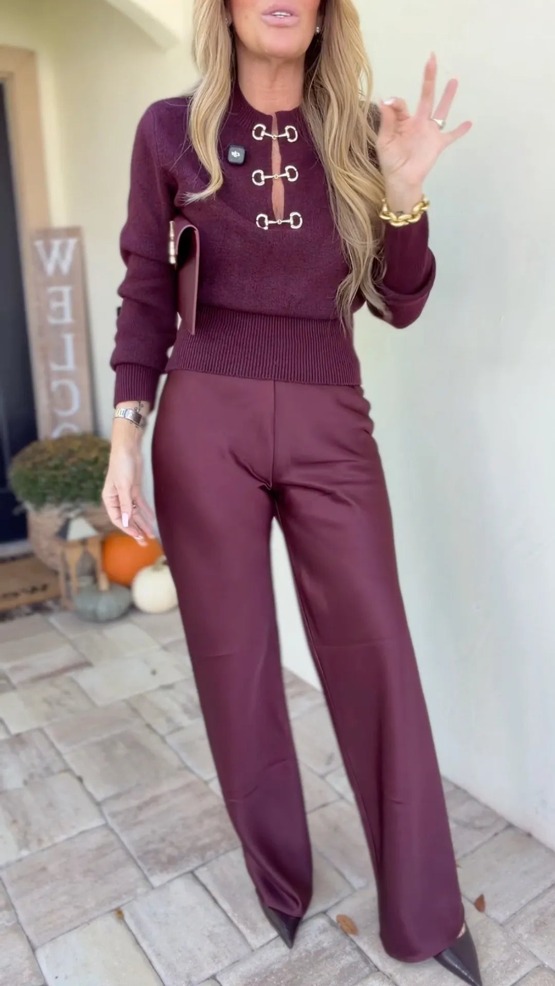 Burgundy Metal-Clasp Keyhole Knit Sweater
