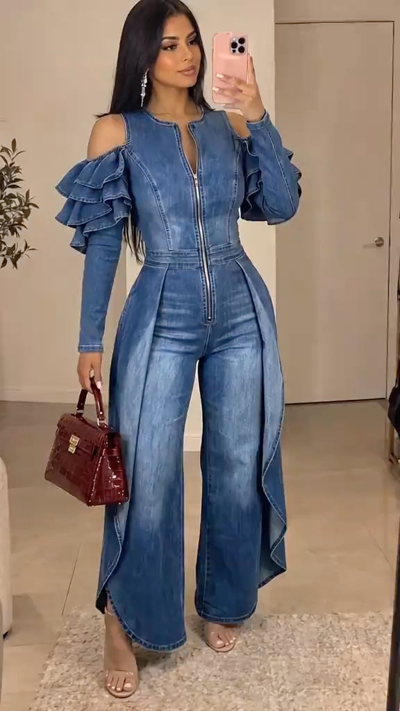 Blue Cold-Shoulder Ruffle Overlay Denim Jumpsuit
