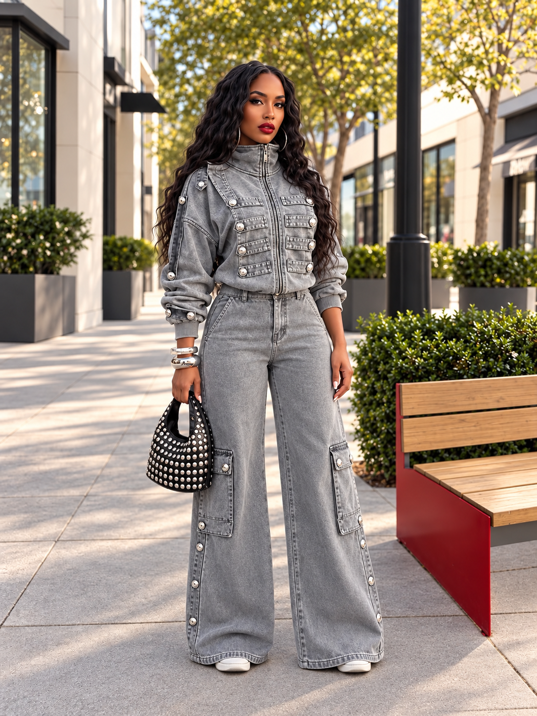 Gray Military-Tab Denim Jacket and Cargo Wide-Leg Pants Set