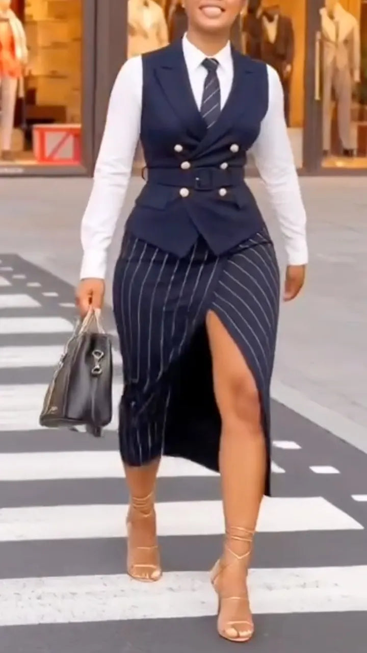 Navy Double-Breasted Vest and Pinstripe Slit Skirt Set