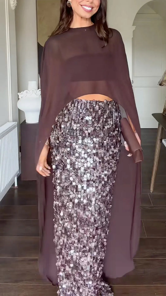 Chocolate Sheer Cape Top and Sequin Maxi Skirt Set