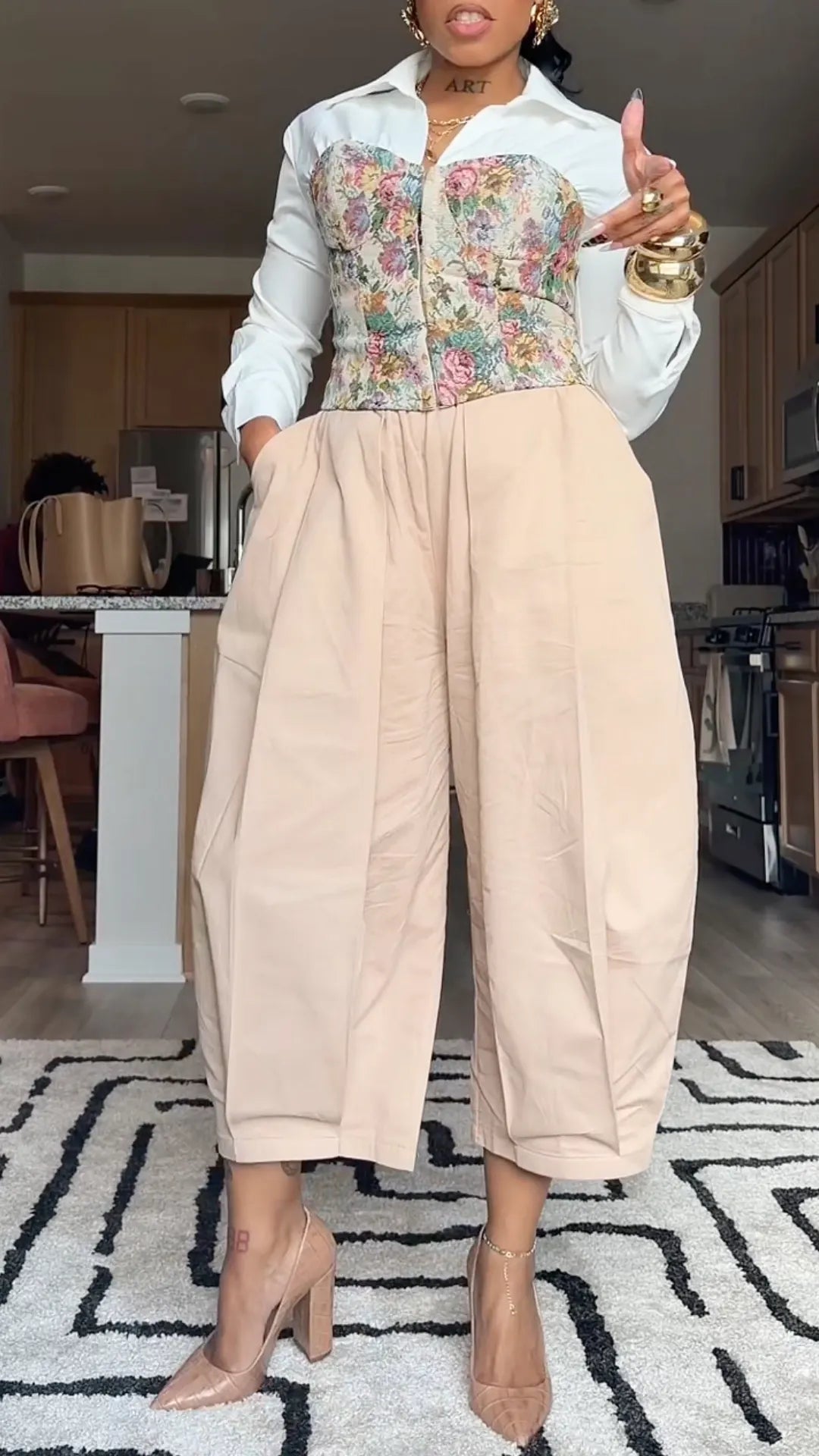 White Shirt-Style Floral Corset Top