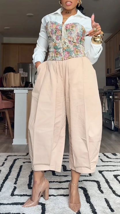 White Shirt-Style Floral Corset Top