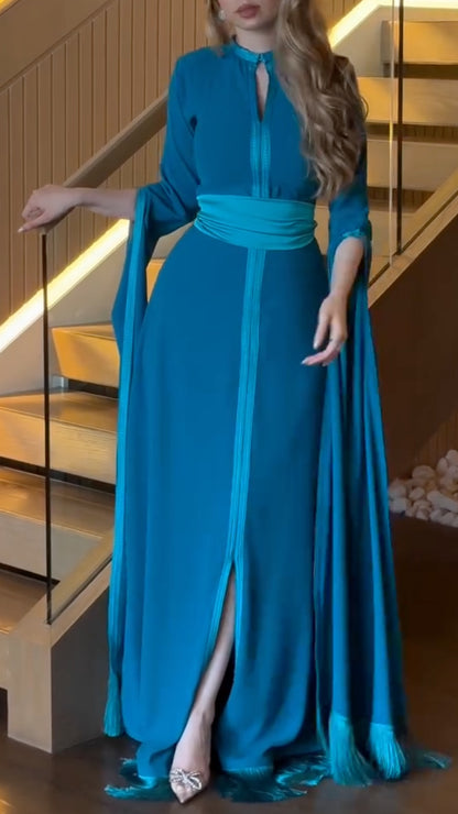 Teal Fringe-Trim Cape-Sleeve Maxi Dress