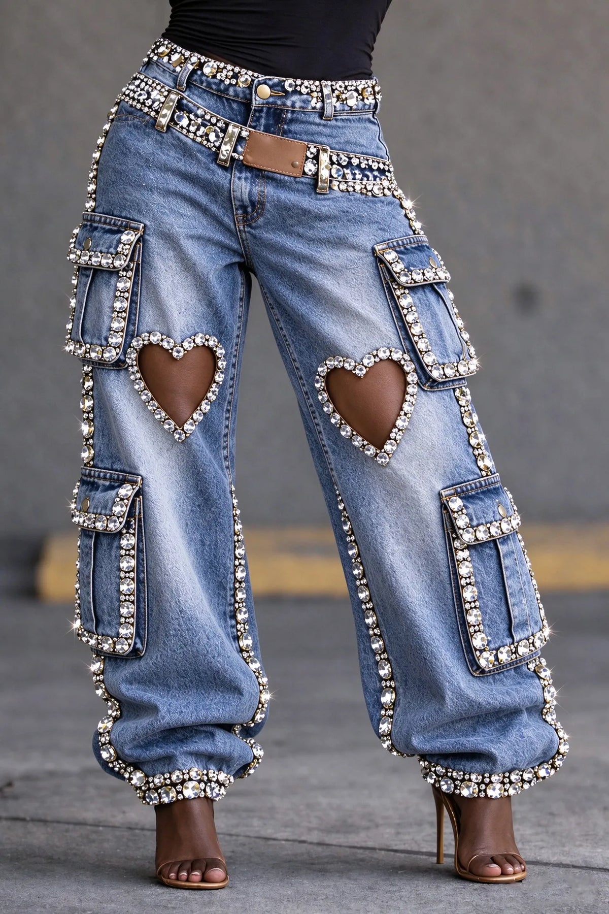 Crystal Heart-Cutout Layered-Waist Cargo Jeans