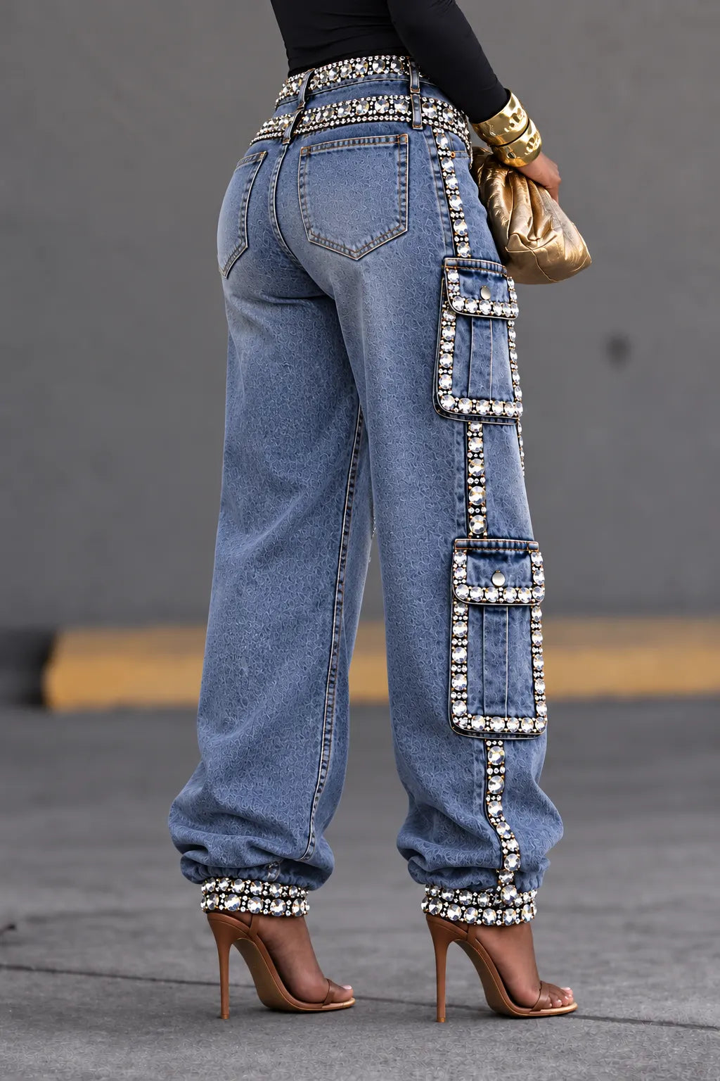 Crystal Heart-Cutout Layered-Waist Cargo Jeans