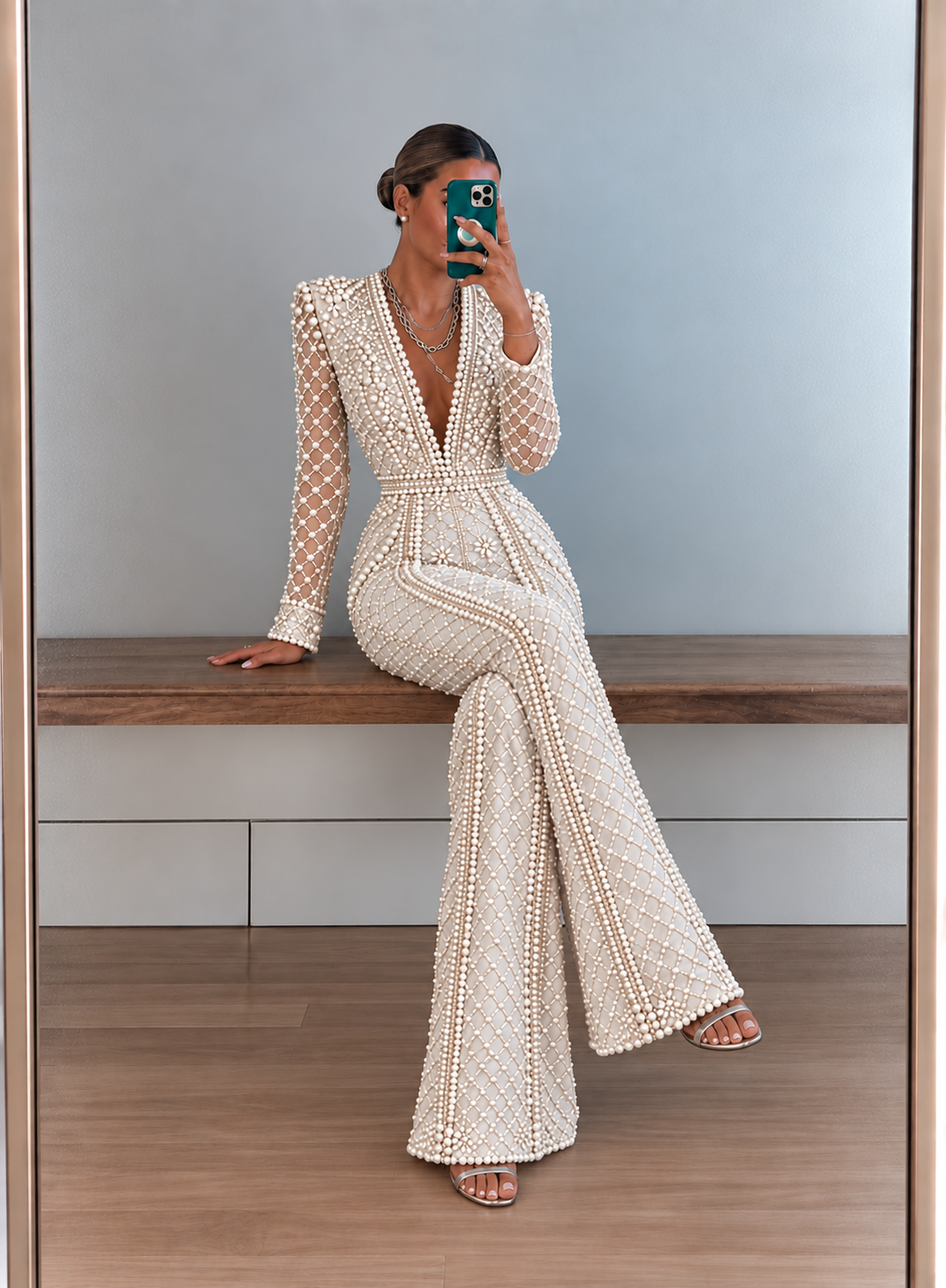Ivory Pearl-Lattice Deep-V Wide-Leg Jumpsuit