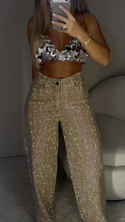 Champagne Allover-Sparkle Wide-Leg Pants