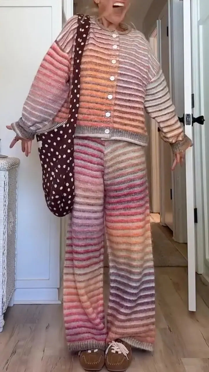 Pastel Striped Knit Cardigan & Wide-Leg Pants Set