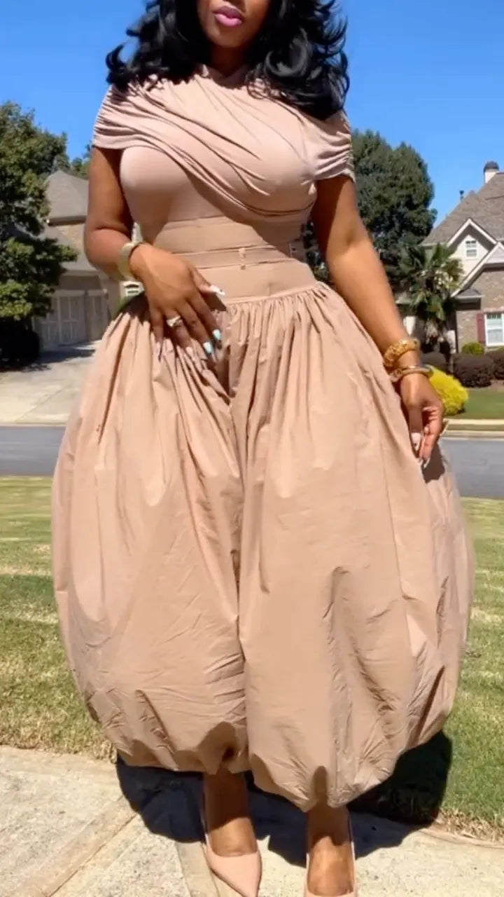 Beige Draped-Shoulder Balloon Jumpsuit