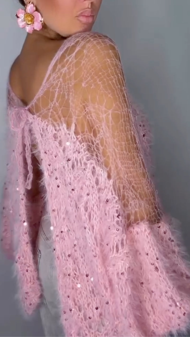 Pink Sheer Open-Knit Sparkle Bell-Sleeve Top