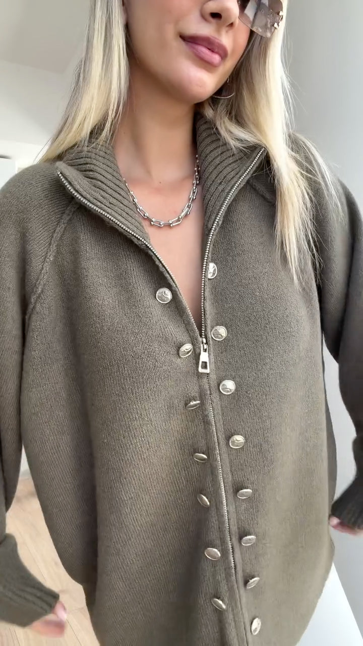 Olive Zip-Front Knit Cardigan with Metallic Button Details