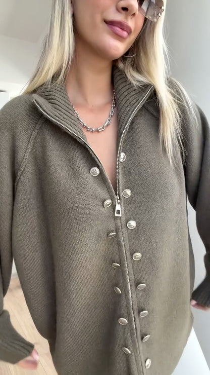 Olive Zip-Front Knit Cardigan with Metallic Button Details