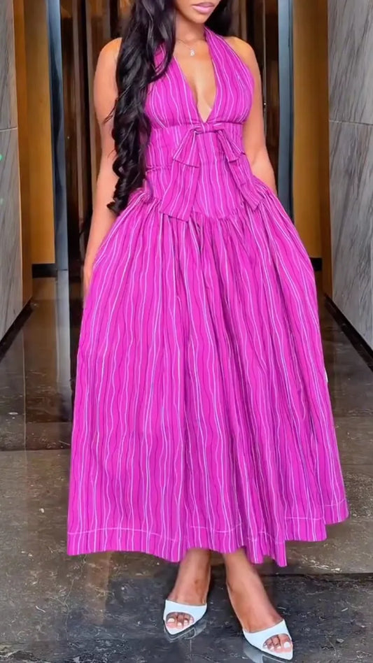 Fuchsia Stripe Halter Peplum Dress