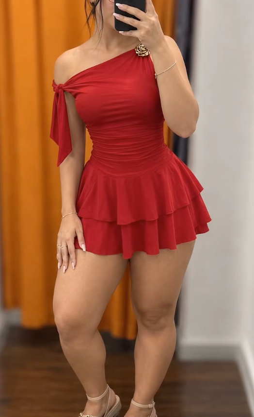 One-Shoulder Ruffle Skort Romper