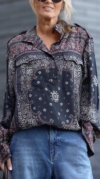 Black Paisley-Border Relaxed Button Shirt