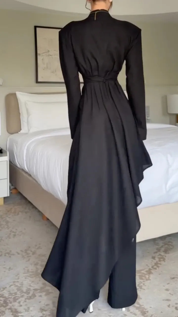 Black Mock-Neck Draped-Waist Maxi Dress