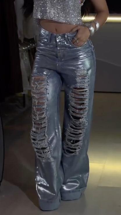 Metallic Distressed Wide-Leg Jeans