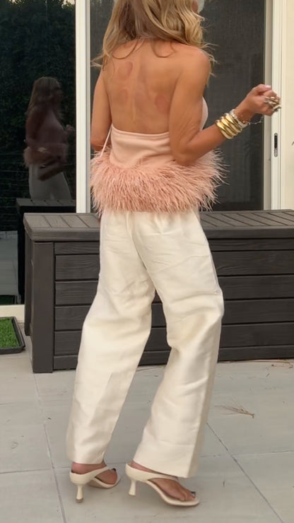 Blush Mock-Neck Sleeveless Feather-Effect Hem Top