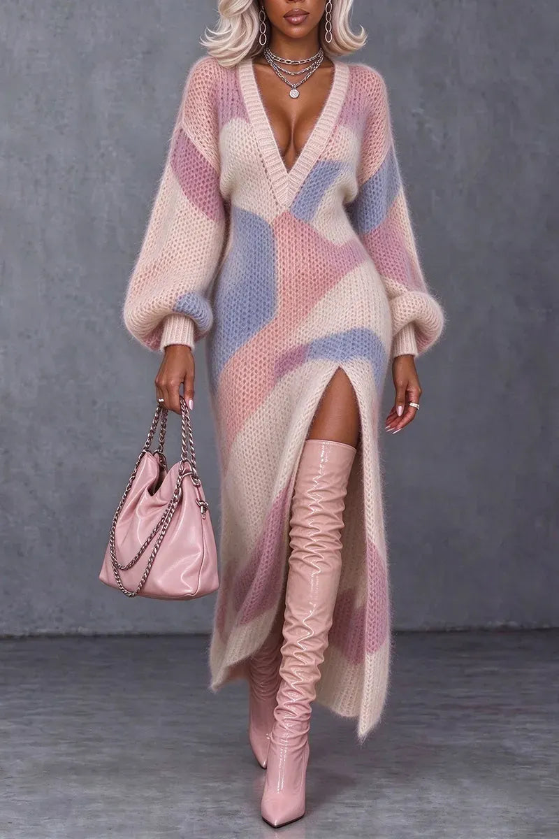 Pastel Colorblock Deep-V Balloon-Sleeve Knit Maxi Dress