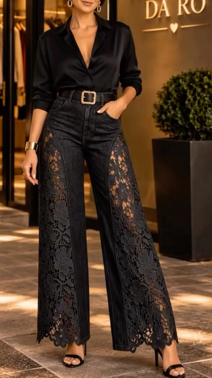 Black Floral Lace-Panel Wide-Leg Jeans
