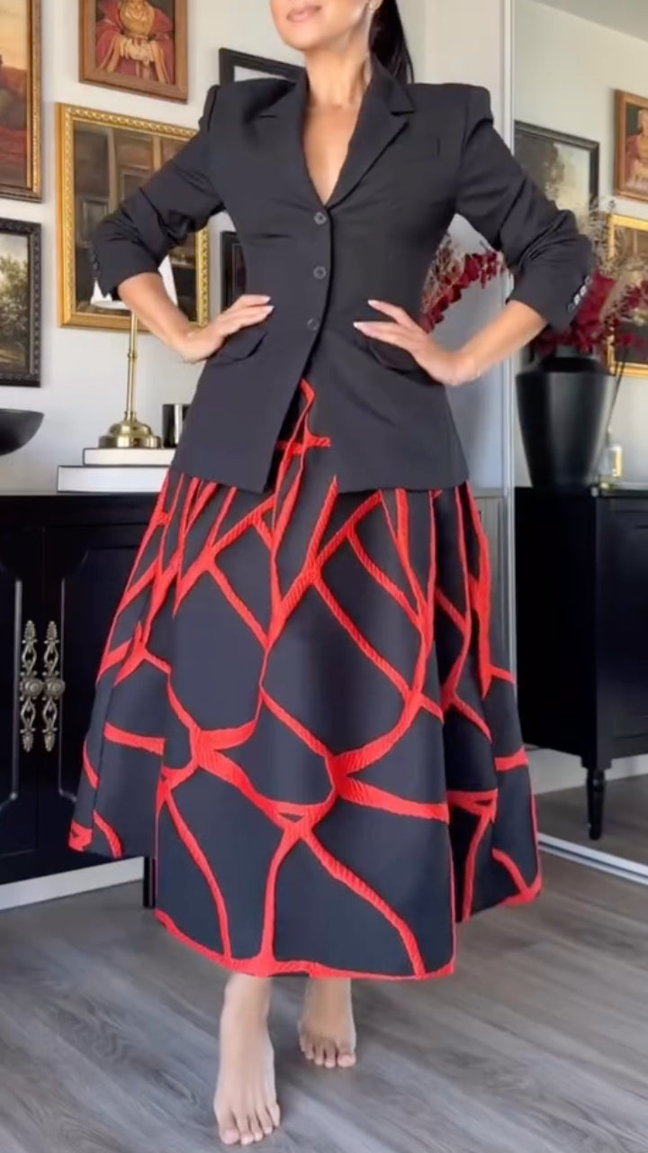 Black Tailored Blazer & Red Graphic Midi Skirt Set