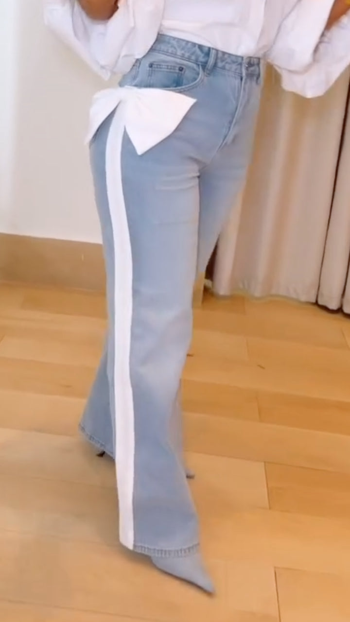 Light-Blue White-Stripe Bow-Detail Wide-Leg Jeans