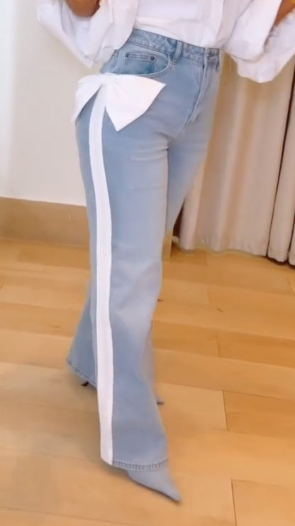 Light-Blue White-Stripe Bow-Detail Wide-Leg Jeans
