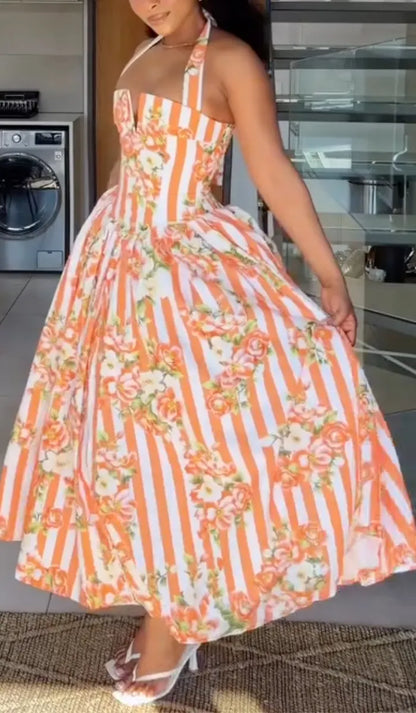 Vestido Longo Frente Única Floral Listrado