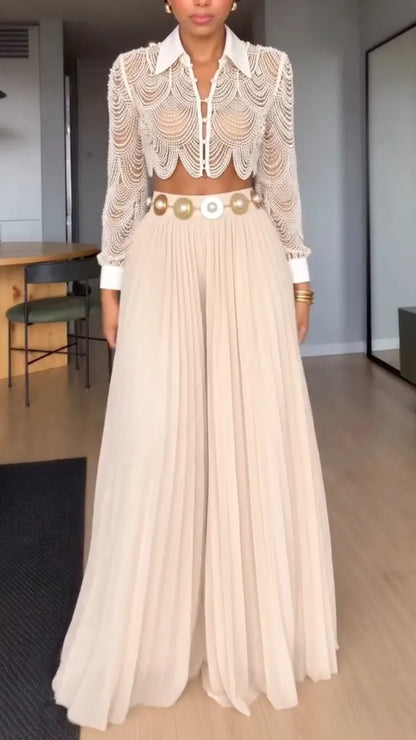 Ivory Ornate Lace Blouse & Pleated Maxi Skirt Set