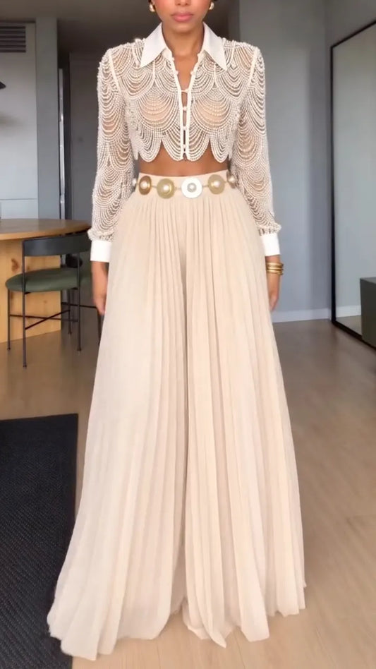 Ivory Ornate Lace Blouse & Pleated Maxi Skirt Set