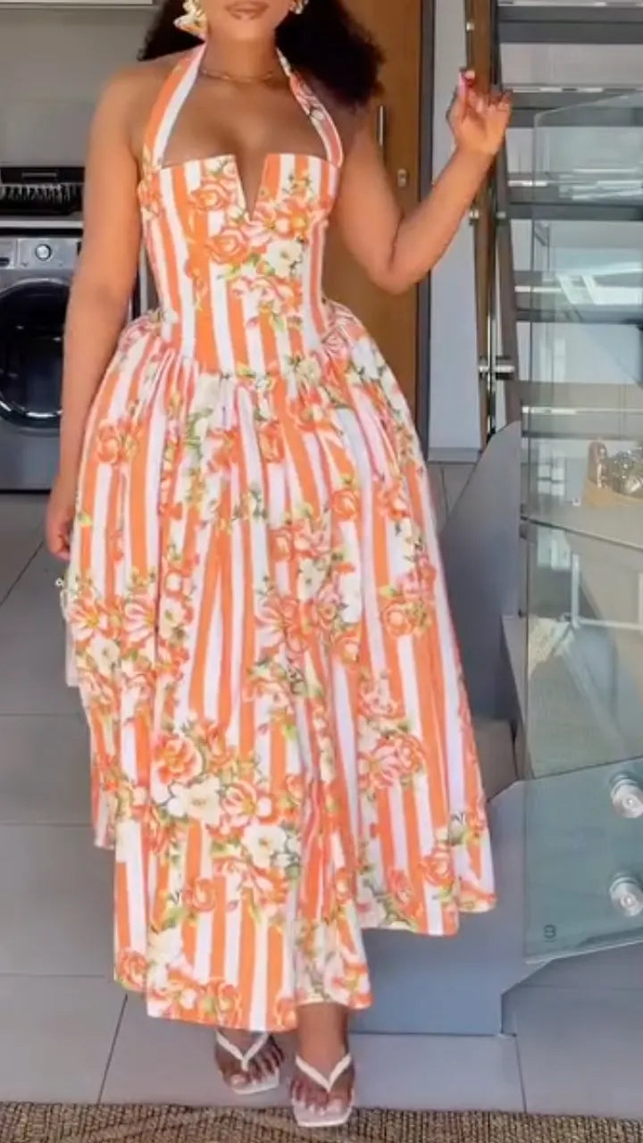Vestido Longo Frente Única Floral Listrado