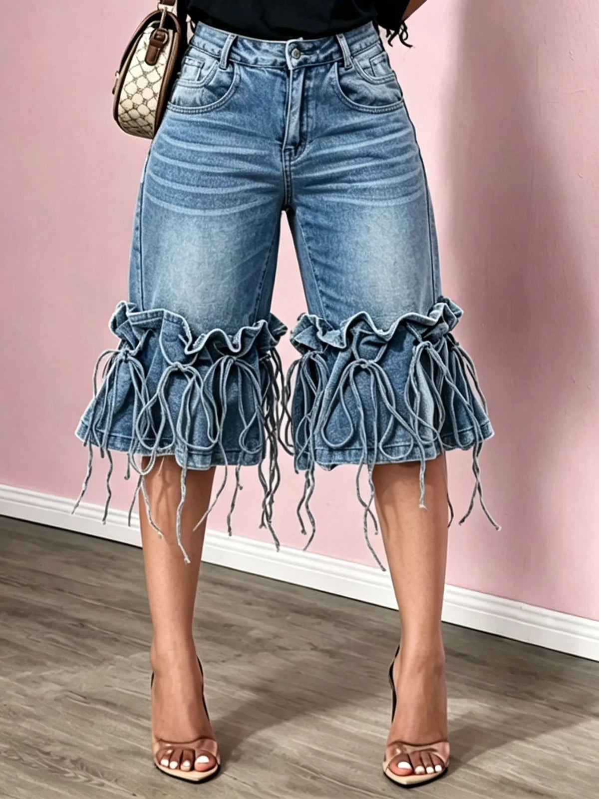 Blue Ruffle-and-Tie Hem Denim Bermuda Shorts