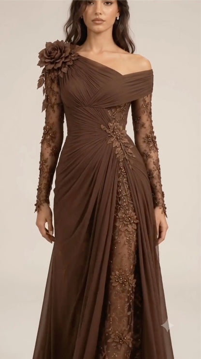 Chocolate Floral-Applique Draped Evening Gown