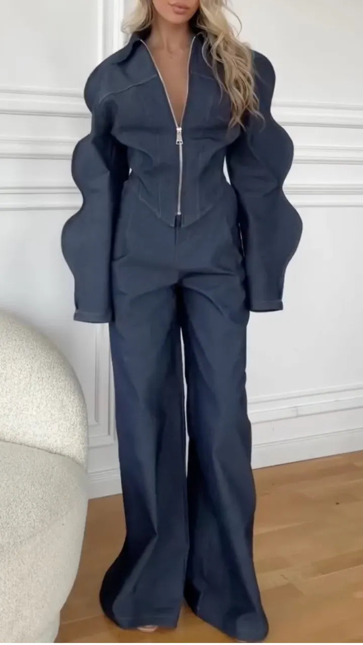 Charcoal Sculpted-Sleeve Zip Jacket & Flared Pants Set