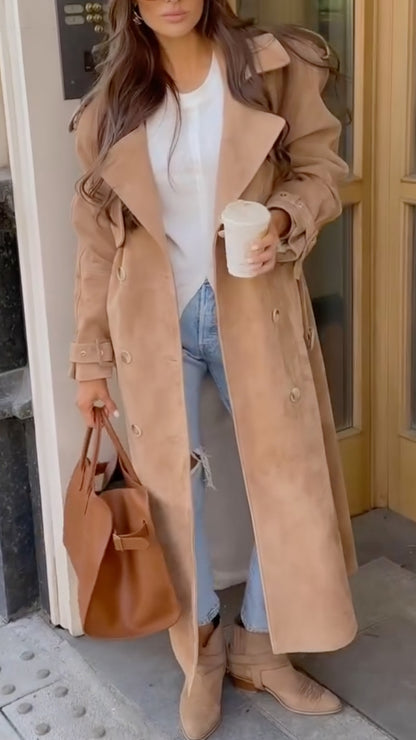Camel Wide-Lapel Double-Breasted Long Trench Coat