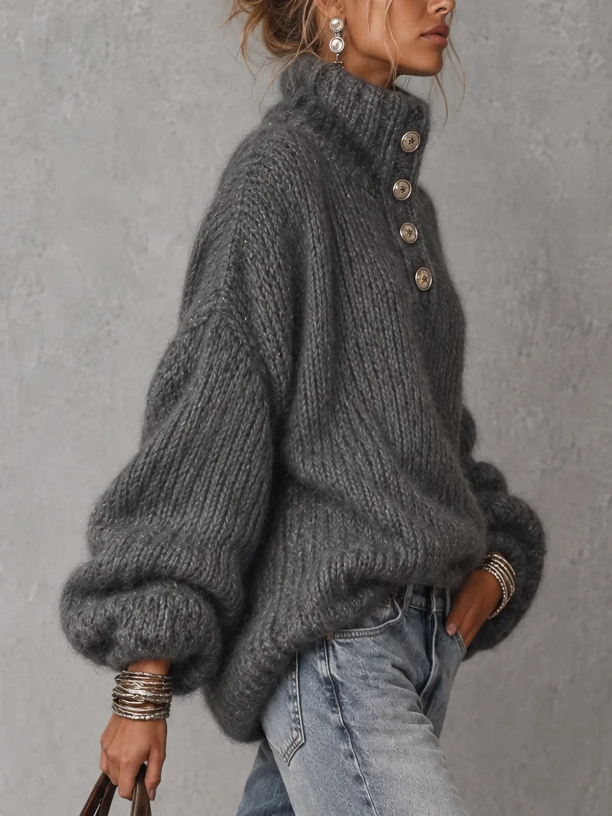Button-Neck Chunky Knit Sweater