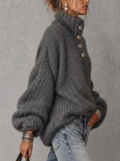 Button-Neck Chunky Knit Sweater