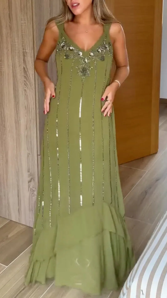 Olive Embellished V-Neck Ruffle-Hem Maxi Dress