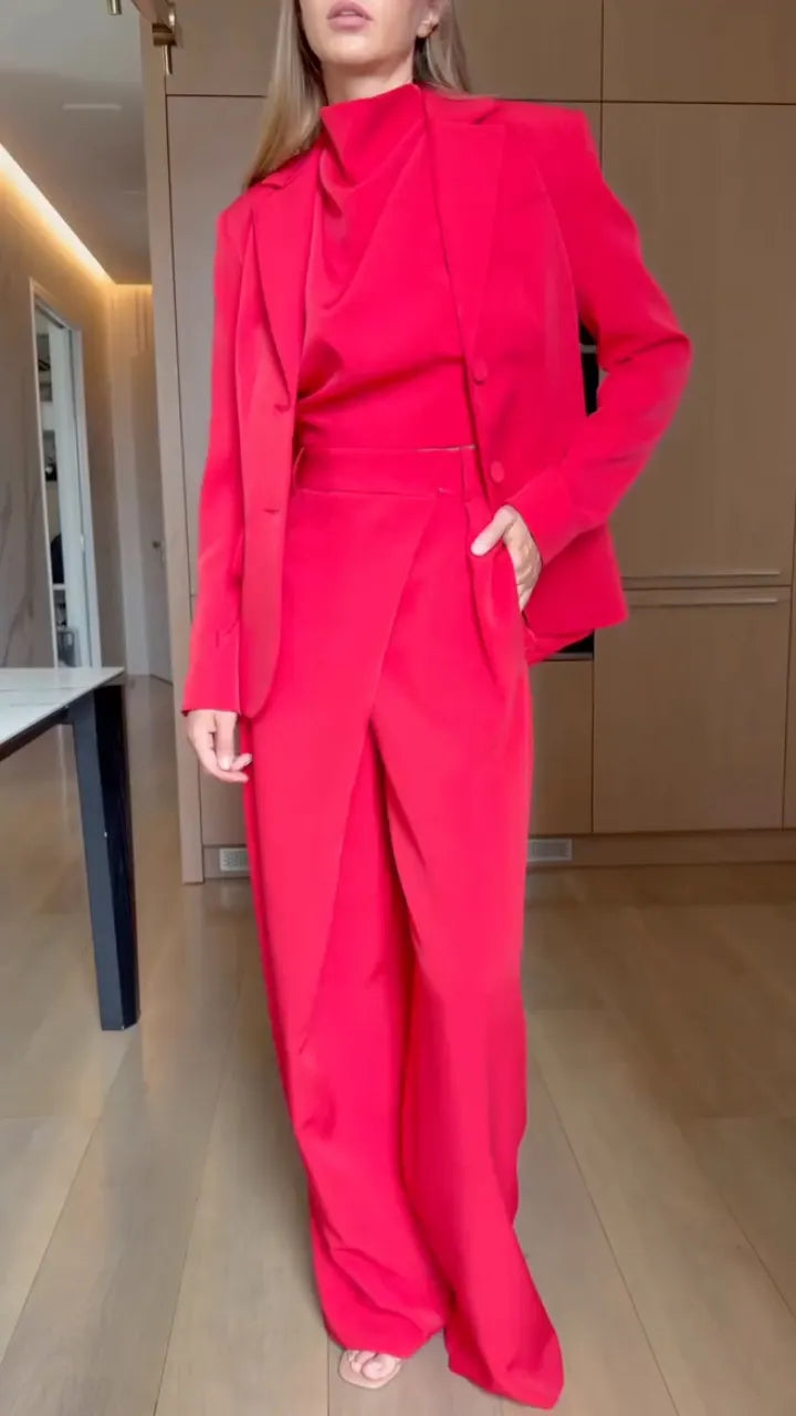 Tailored Blazer Draped Top & Wrap-Panel Pants Set